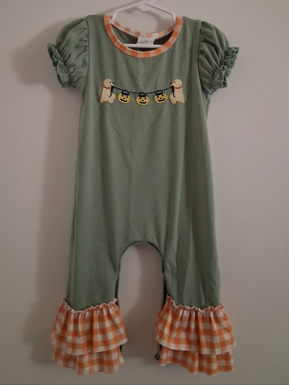 Girls' 3T Sage Green Halloween Pumpkin Ruffle One-Piece Romper
